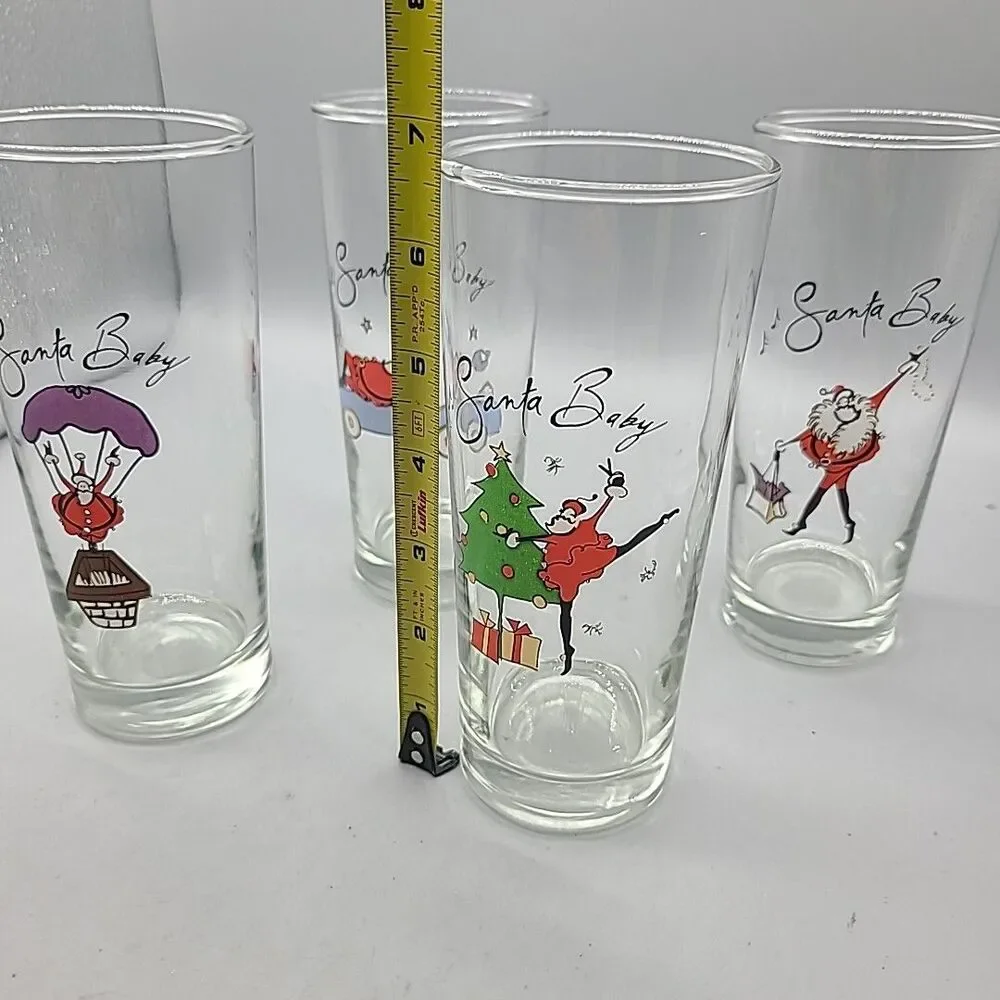 Set (4) Pottery Barn Highball Drinking Glasses  Christmas “Santa Baby” New